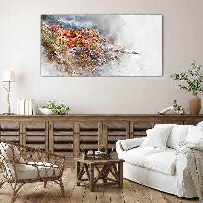 Tableau sur verre Une ville colorée au bord de la mer
