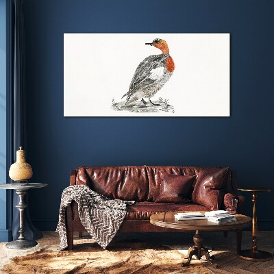 Tableau en verre Canard à cou rouge sur fond blanc