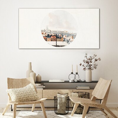 Tableau imprimé sur verre Vue de la ville avec un cadre circulaire