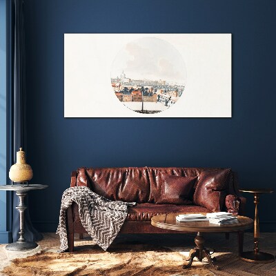 Tableau imprimé sur verre Vue de la ville avec un cadre circulaire