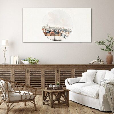 Tableau imprimé sur verre Vue de la ville avec un cadre circulaire