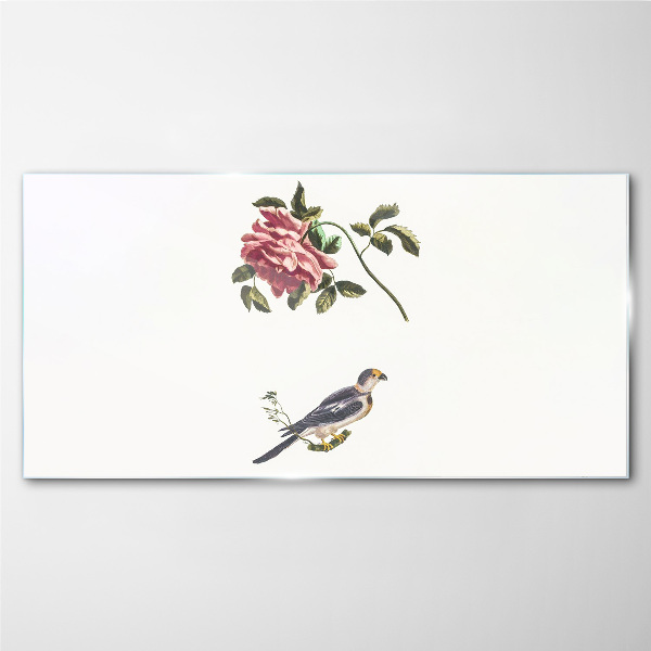Tableau en verre Une rose et un oiseau sur fond blanc