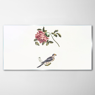 Tableau en verre Une rose et un oiseau sur fond blanc