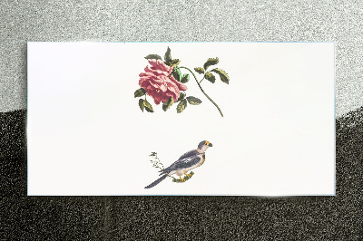 Tableau en verre Une rose et un oiseau sur fond blanc