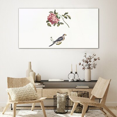 Tableau en verre Une rose et un oiseau sur fond blanc