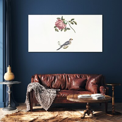 Tableau en verre Une rose et un oiseau sur fond blanc