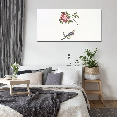 Tableau en verre Une rose et un oiseau sur fond blanc