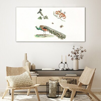 Tableau imprimé sur verre Paon parmi les fleurs et les insectes