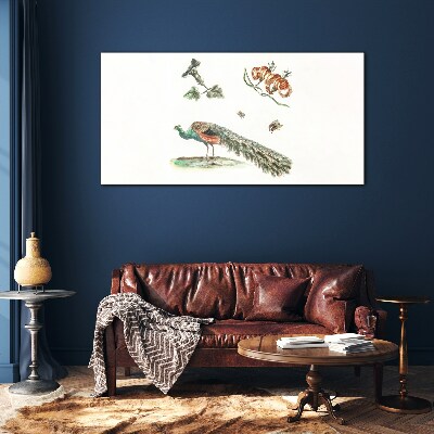 Tableau imprimé sur verre Paon parmi les fleurs et les insectes