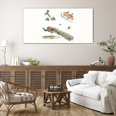 Tableau imprimé sur verre Paon parmi les fleurs et les insectes