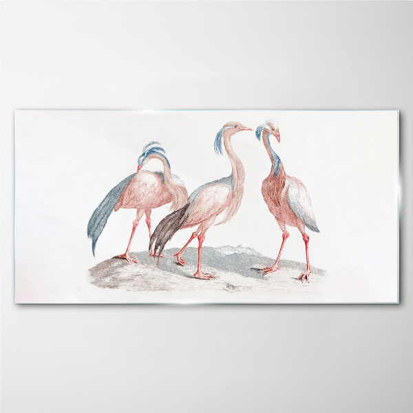 Tableau en verre Trois flamants roses sur fond blanc