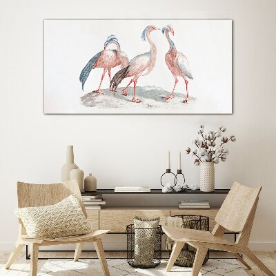 Tableau en verre Trois flamants roses sur fond blanc