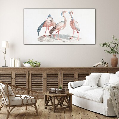 Tableau en verre Trois flamants roses sur fond blanc