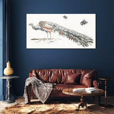 Tableau en verre Paon avec des mouches