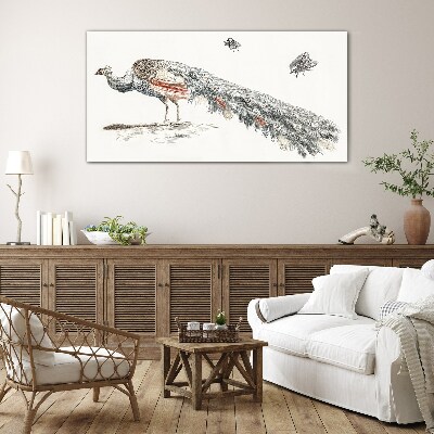 Tableau en verre Paon avec des mouches