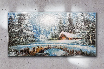 Tableau imprimé sur verre Paysage d'hiver avec un chalet dans la forêt