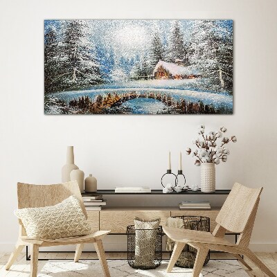 Tableau imprimé sur verre Paysage d'hiver avec un chalet dans la forêt