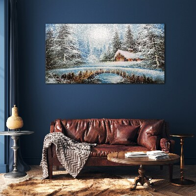 Tableau imprimé sur verre Paysage d'hiver avec un chalet dans la forêt