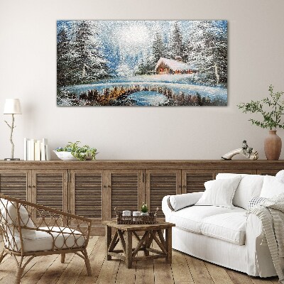 Tableau imprimé sur verre Paysage d'hiver avec un chalet dans la forêt