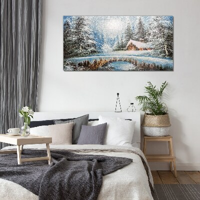 Tableau imprimé sur verre Paysage d'hiver avec un chalet dans la forêt