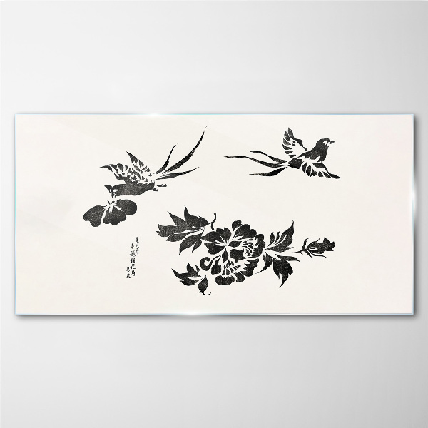 Tableau imprimé sur verre Oiseaux et fleurs en noir et blanc