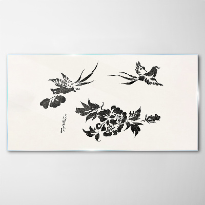Tableau imprimé sur verre Oiseaux et fleurs en noir et blanc