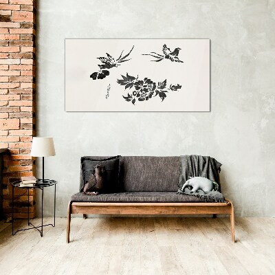 Tableau imprimé sur verre Oiseaux et fleurs en noir et blanc