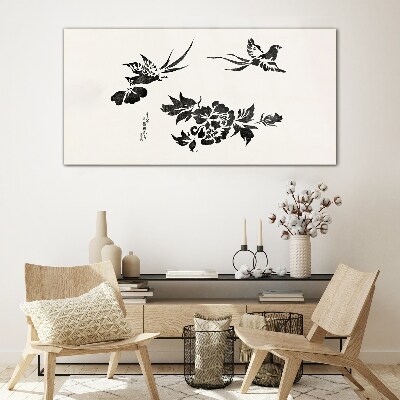 Tableau imprimé sur verre Oiseaux et fleurs en noir et blanc