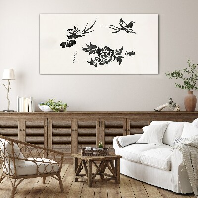 Tableau imprimé sur verre Oiseaux et fleurs en noir et blanc