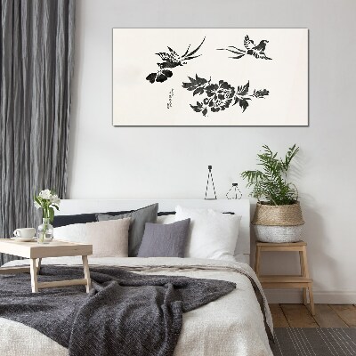 Tableau imprimé sur verre Oiseaux et fleurs en noir et blanc