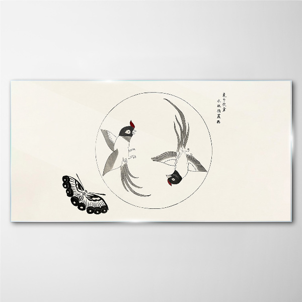 Tableau en verre Des oiseaux dansants et un papillon