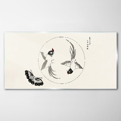 Tableau en verre Des oiseaux dansants et un papillon