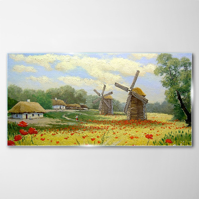 Tableau sur verre Paysage rural avec moulins à vent