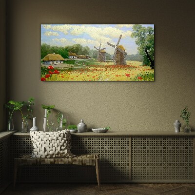 Tableau sur verre Paysage rural avec moulins à vent