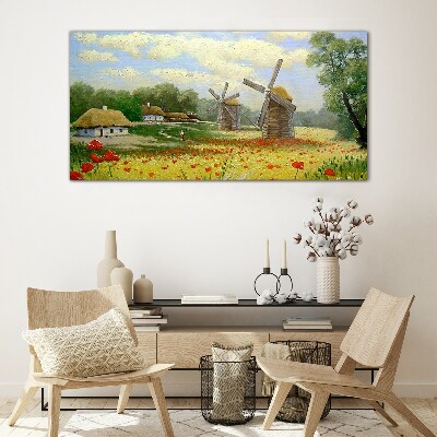 Tableau sur verre Paysage rural avec moulins à vent