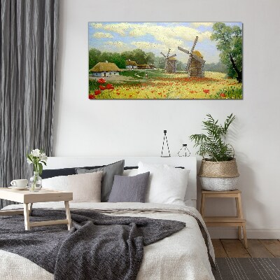 Tableau sur verre Paysage rural avec moulins à vent