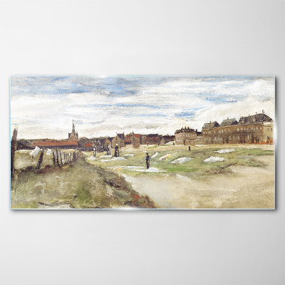 Tableau photo sur verre Paysage avec des personnages sur fond de ville