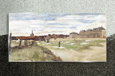 Tableau photo sur verre Paysage avec des personnages sur fond de ville