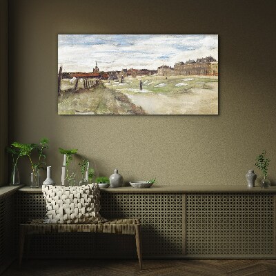 Tableau photo sur verre Paysage avec des personnages sur fond de ville