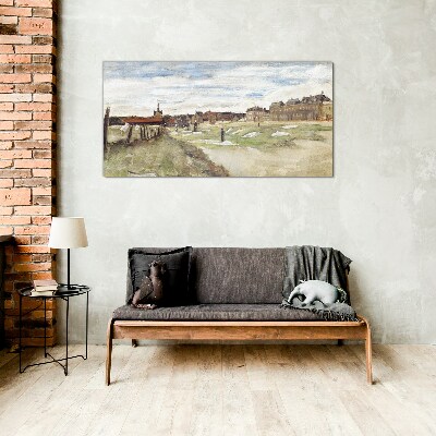 Tableau photo sur verre Paysage avec des personnages sur fond de ville