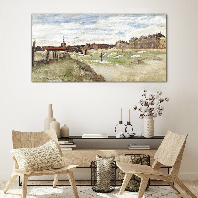 Tableau photo sur verre Paysage avec des personnages sur fond de ville