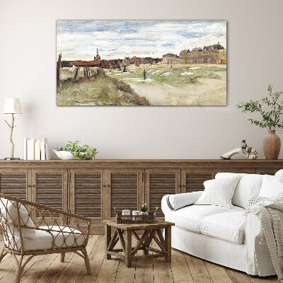 Tableau photo sur verre Paysage avec des personnages sur fond de ville