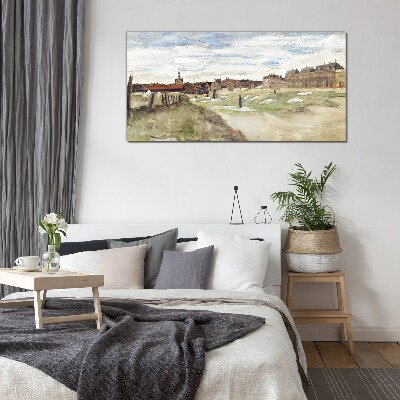 Tableau photo sur verre Paysage avec des personnages sur fond de ville