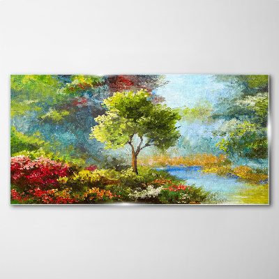 Tableau imprimé sur verre Paysage de printemps avec un arbre et des fleurs