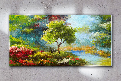 Tableau imprimé sur verre Paysage de printemps avec un arbre et des fleurs