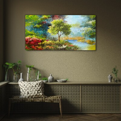 Tableau imprimé sur verre Paysage de printemps avec un arbre et des fleurs