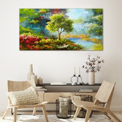 Tableau imprimé sur verre Paysage de printemps avec un arbre et des fleurs