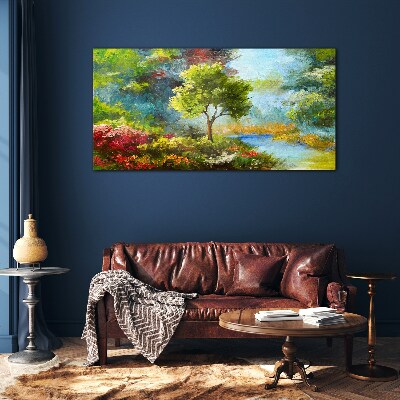 Tableau imprimé sur verre Paysage de printemps avec un arbre et des fleurs