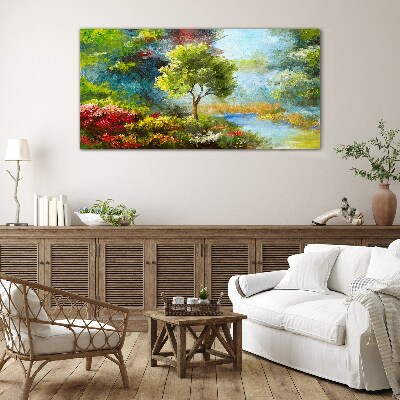 Tableau imprimé sur verre Paysage de printemps avec un arbre et des fleurs