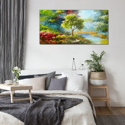 Tableau imprimé sur verre Paysage de printemps avec un arbre et des fleurs